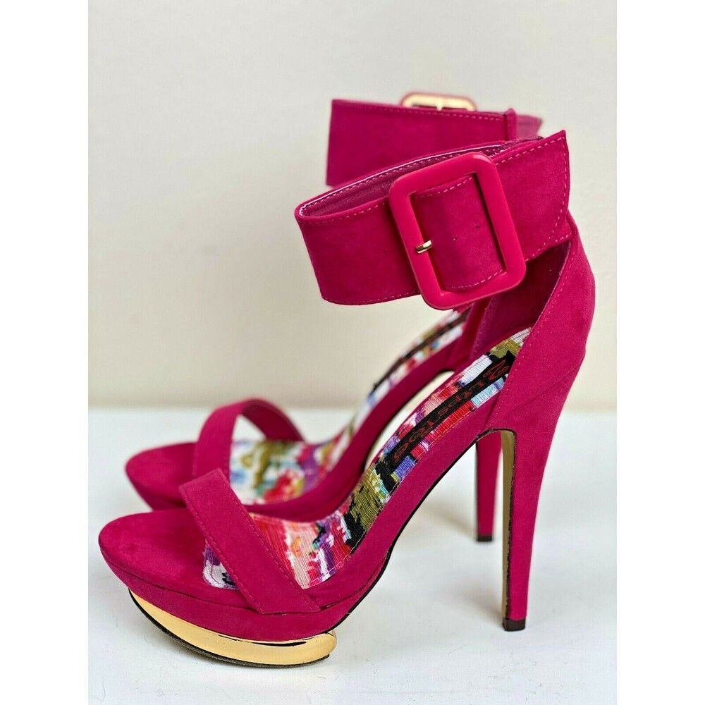 2 Lips Too "Too Addictive" Pink Suede Gold Platform Heels 7